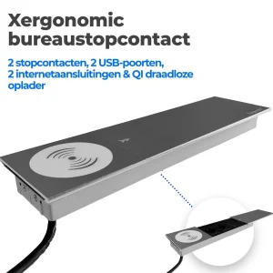 Xergonomic Bureaustopcontact met QI draadloze oplader, 2 internetaansluitingen, 2 stopcontacten en 2 USB-poorten Zilver